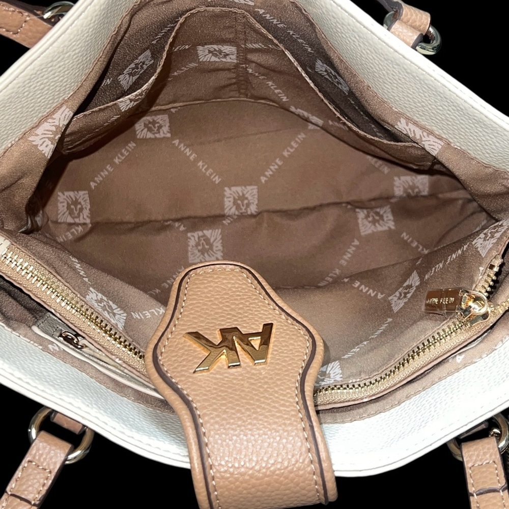 Anne Klein Cream and Tan Leather Tote with AK Logo - Picture 3 of 5